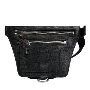 Black Calfskin Logo Plaque Belt Waist Men Fanny Pack Bag