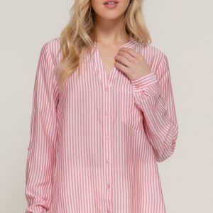 Long Slv Split Round Neck Stripe Woven Shirt