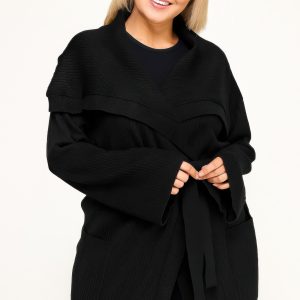 Plus Size Ribbed Wrap Cardigan With Waist Belt