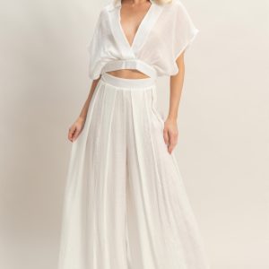Collared Wrap Top & Wide-leg Pants Set