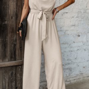 Solid Sleeveless Cut Out Back Belted Jumpsuit