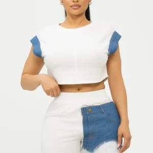 Color Block Denim Sleeve Top And Biker Shorts Set