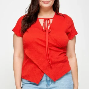 Plus Size Textured Wrap Top With Tie Neck