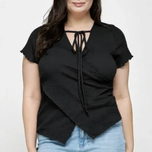 Plus Size Textured Wrap Top With Tie Neck