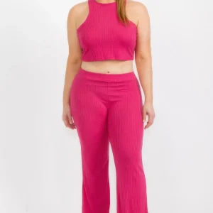 Plus Ribbed Cropped Top And Bootcut Pants Sets