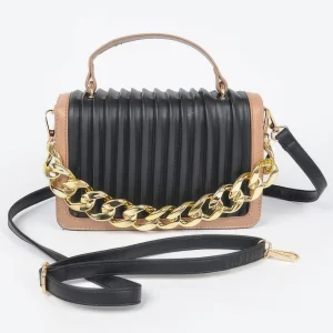 Pleated Faux Leather Color Chain Bag