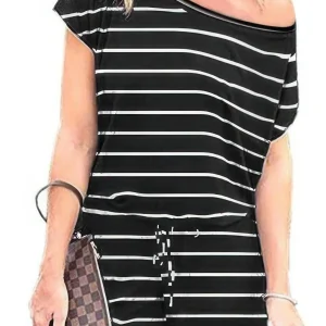 Striped Short Sleeve Drawstring Waist Romper
