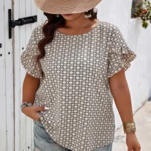 Round Neck Allover Print Ruffle Sleeves Loose Top